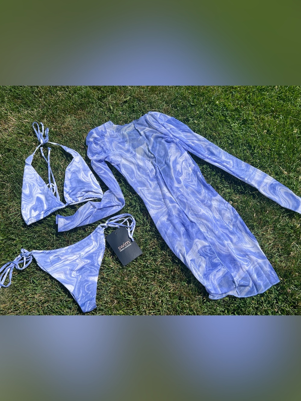 naked wardrobe Blue Marble Triangle Bikini Set with Cover-Up